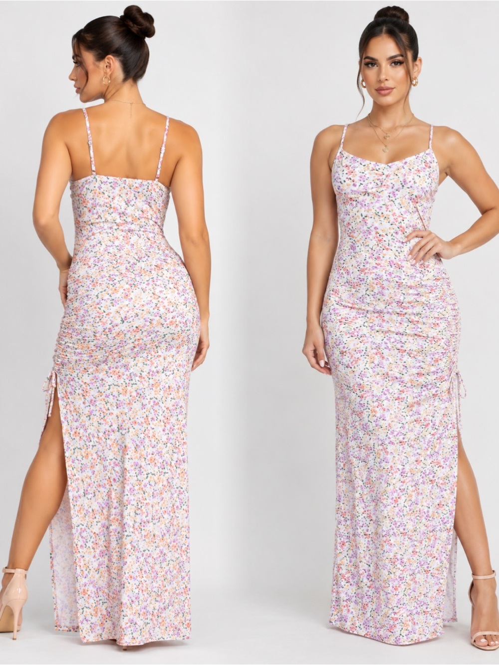 Floral Maxi Dress with slit and ruched detail